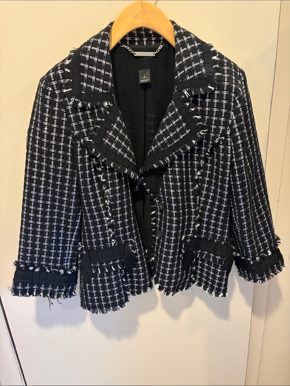 White House Black Market Black & White Tweed Frayed-Trim Blazer